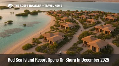 Aerial view of a new Red Sea island resort opening on Shura Island with low rise villas, mangroves, and turquoise water along the Saudi coast