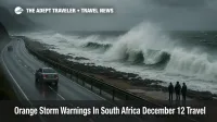 Drivers face South Africa orange storm warnings as waves batter a Western Cape coastal road near Saldanha Bay and Agulhas.