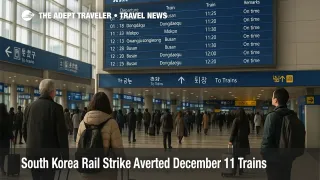 Travelers watch a KTX departures board at Seoul Station as a South Korea rail strike is averted and trains run on normal schedules after December 11 talks