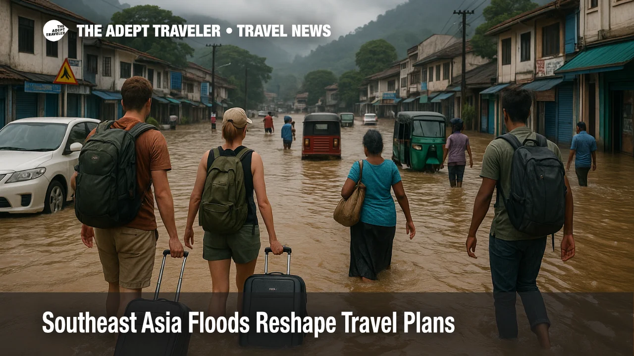 Travelers pass stalled cars on a flooded road near Kandy as Southeast Asia floods travel plans for trips across Sri Lanka.