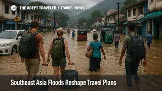 Travelers pass stalled cars on a flooded road near Kandy as Southeast Asia floods travel plans for trips across Sri Lanka.