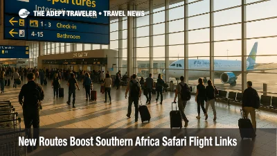 Travelers at Cape Town Airport as safari flight links in Southern Africa connect Dar es Salaam with Victoria Falls.