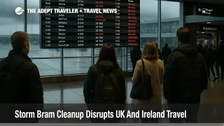 Travelers watch the departures board at Dublin Airport during Storm Bram UK Ireland travel disruption and weather delays.