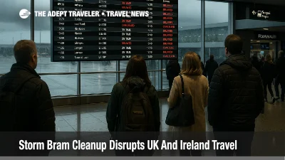 Travelers watch the departures board at Dublin Airport during Storm Bram UK Ireland travel disruption and weather delays.