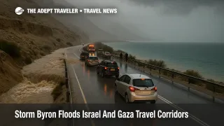 Cars inch along a flooded Route 90 near the Dead Sea as Storm Byron Israel travel corridors face closures, delays, and flash flood risks