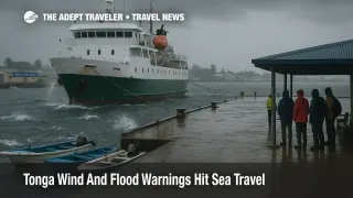 Ferry and small boats at Nuku'alofa wharf as Tonga wind warnings and rough seas disrupt sea travel between Tongatapu and outer islands.