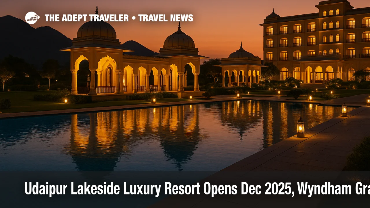 Evening view of Udaipur lakeside luxury resort Wyndham Grand Udaipur Fatehsagar Lake with lit domes, pool, and Aravalli hills in the background.