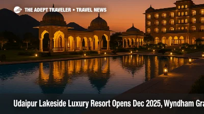 Evening view of Udaipur lakeside luxury resort Wyndham Grand Udaipur Fatehsagar Lake with lit domes, pool, and Aravalli hills in the background.
