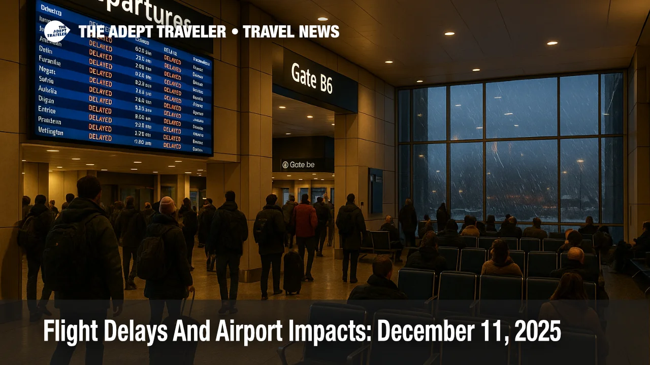 US flight delays December 11 at Boston Logan, with packed departure gates and a status board full of weather related delays.