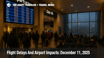 US flight delays December 11 at Boston Logan, with packed departure gates and a status board full of weather related delays.