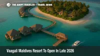 Aerial view of Vaagali Maldives resort opening 2026 with overwater villas, beach villas, and a speedboat arrival in South Male Atoll lagoon