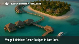 Aerial view of Vaagali Maldives resort opening 2026 with overwater villas, beach villas, and a speedboat arrival in South Male Atoll lagoon