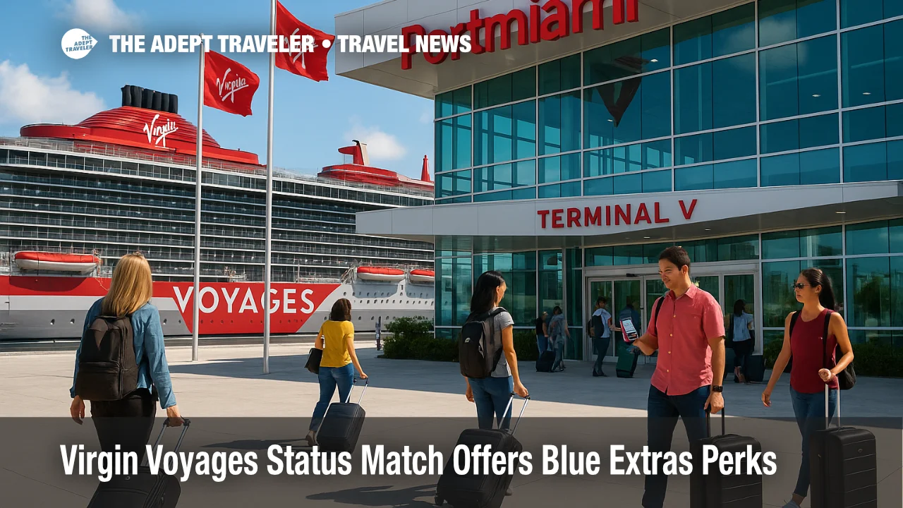 Travelers at Virgin Voyages Terminal V in Miami use the status match program to unlock Blue Extras perks before boarding.