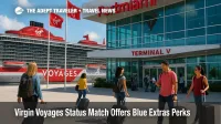 Travelers at Virgin Voyages Terminal V in Miami use the status match program to unlock Blue Extras perks before boarding.