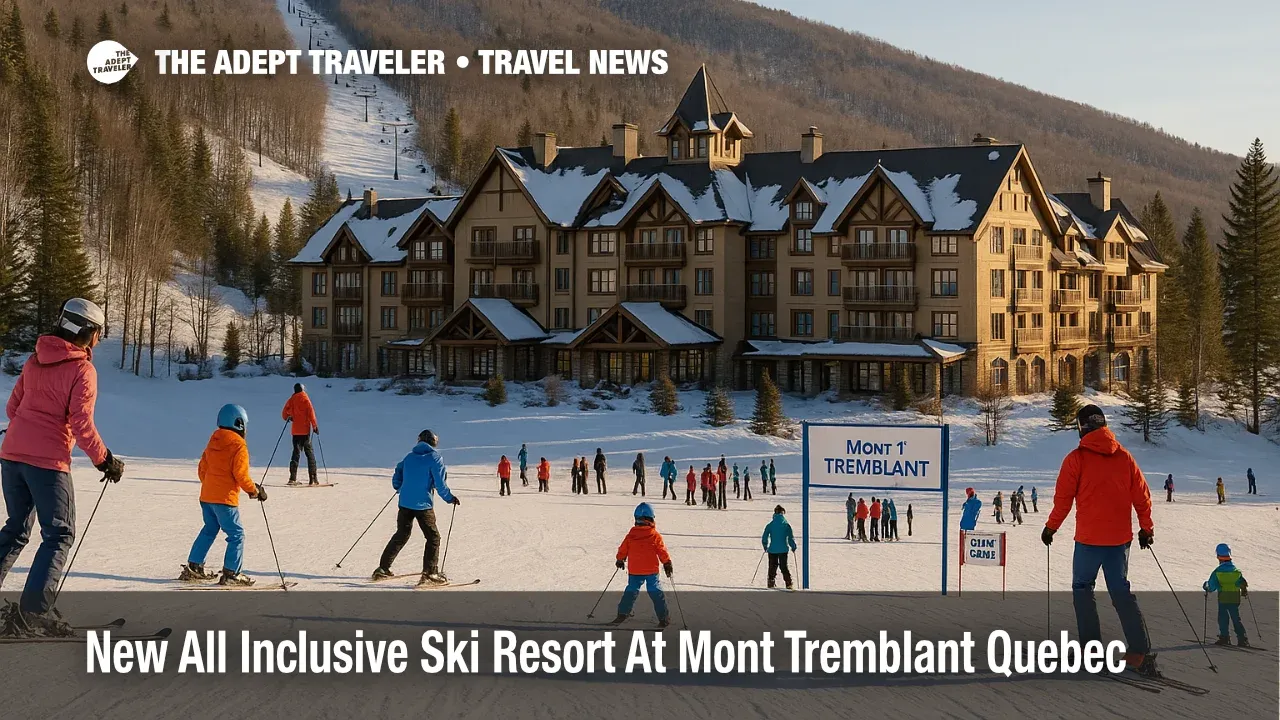 Skiers approach a chalet style hotel at the new Mont Tremblant all inclusive resort, with lifts and forested Laurentian slopes in the background.