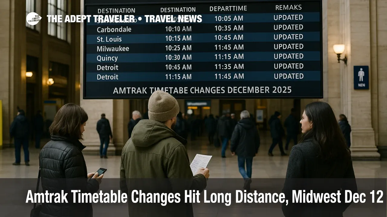 Traveler reviews Amtrak timetable changes December 2025 at Chicago Union Station as departures shift