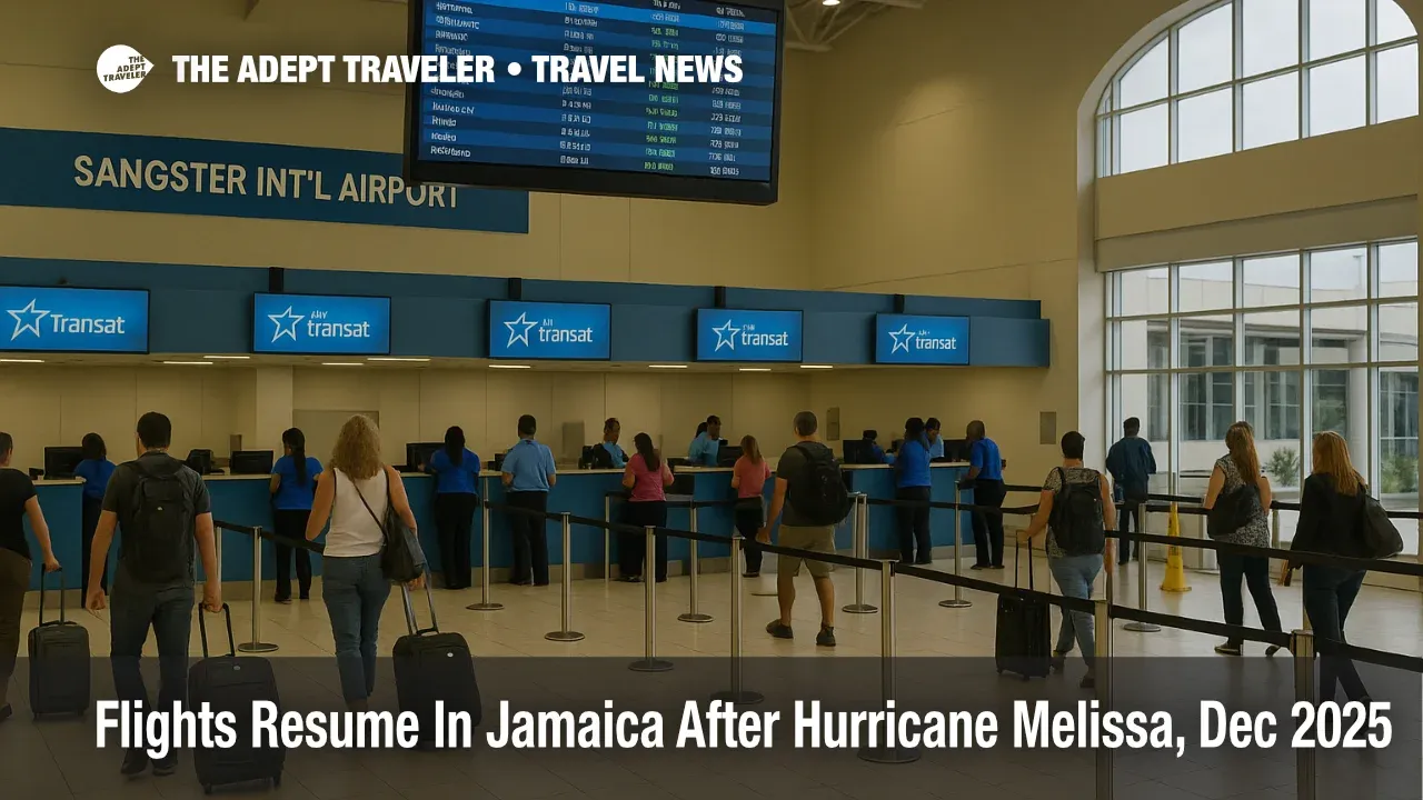 ALT text: Jamaica flights resume after Hurricane Melissa as travelers check boards at Sangster International Airport for updates