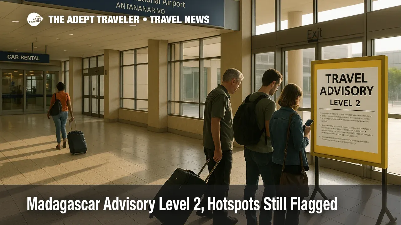 Madagascar travel advisory Level 2 as travelers arrive at Ivato Airport in Antananarivo, planning daylight transfers