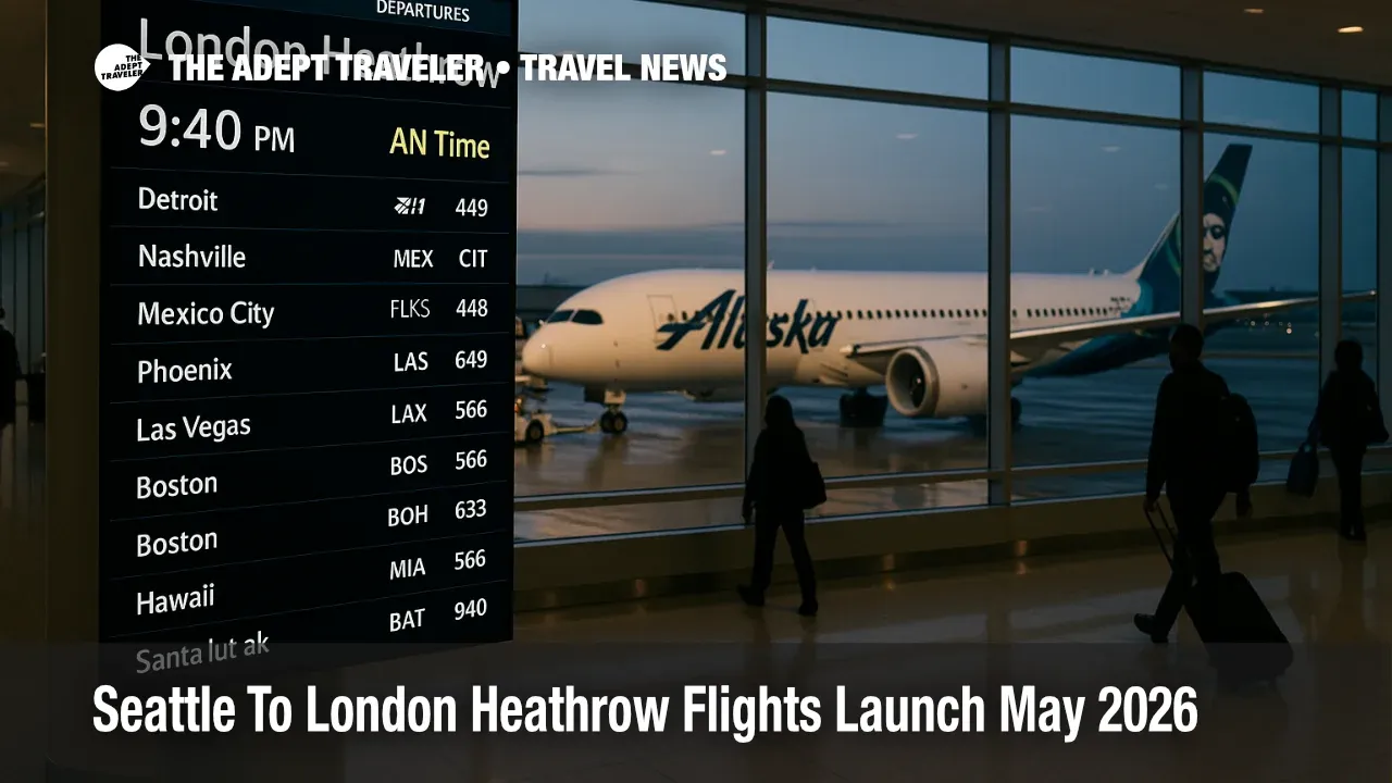 Seattle London nonstop flights appear on SEA departures board beside a 787 at gate, previewing May 2026 launch