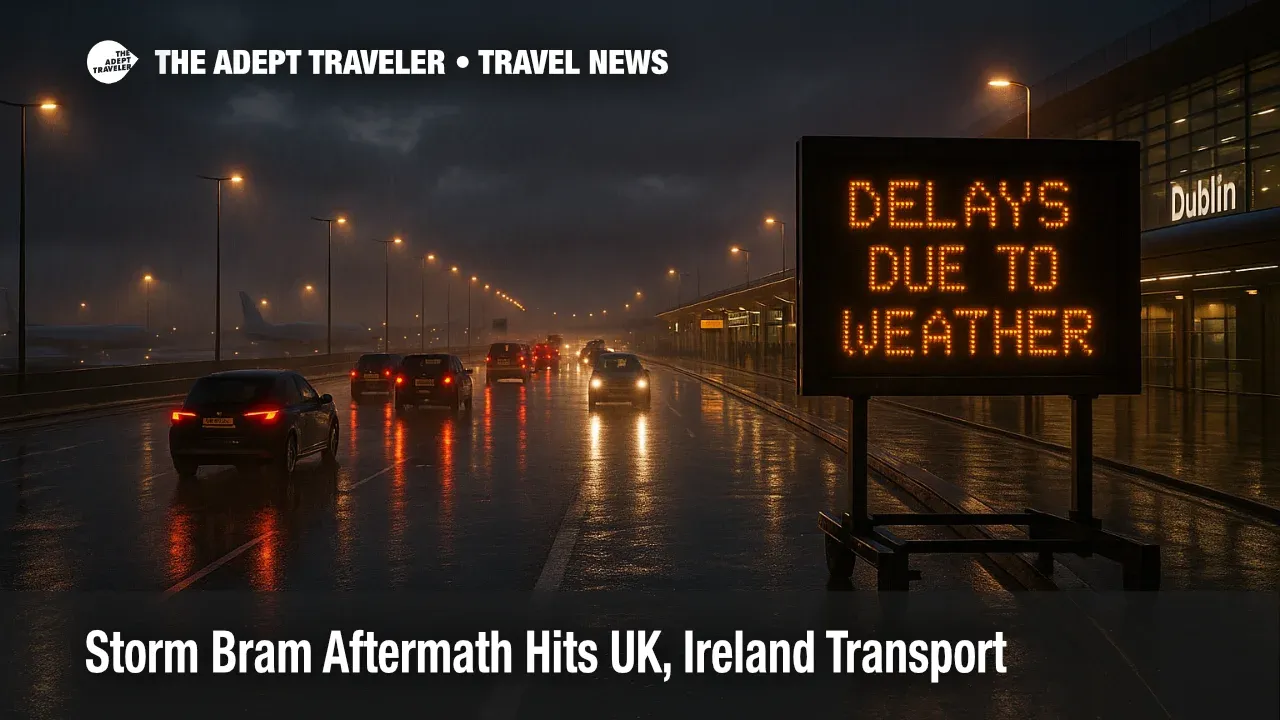 Storm Bram UK Ireland transport disruption, rain slows Dublin Airport access roads, raising delays for weekend travelers