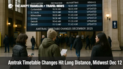 Traveler reviews Amtrak timetable changes December 2025 at Chicago Union Station as departures shift