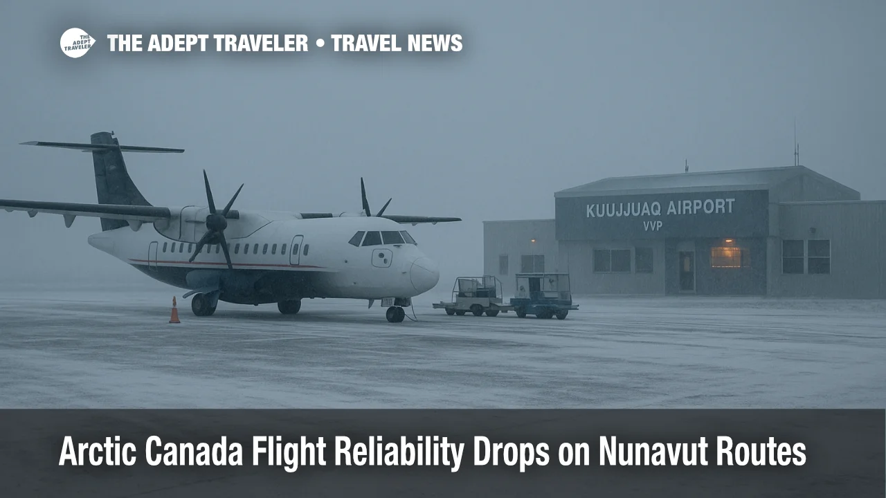 Arctic Canada flight reliability issues at Kuujjuaq Airport (YVP), snowy runway scene as delays build