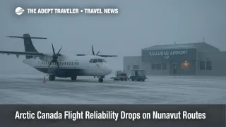 Arctic Canada flight reliability issues at Kuujjuaq Airport (YVP), snowy runway scene as delays build