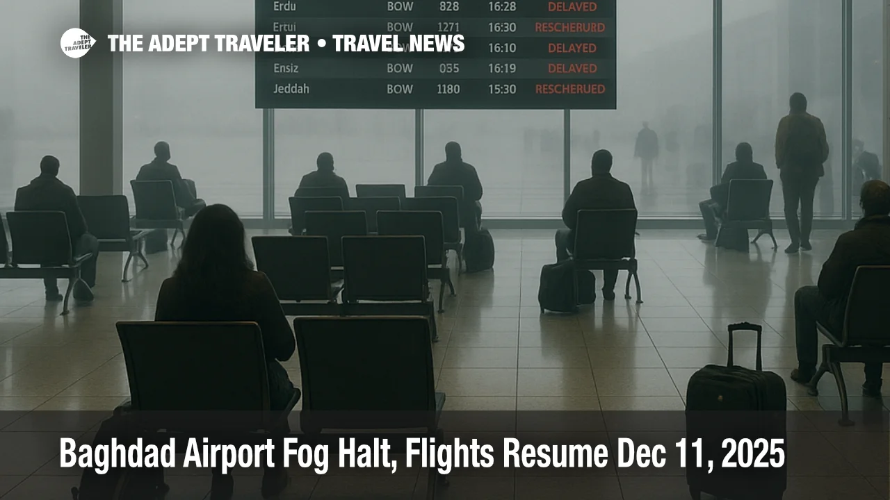 Baghdad airport fog closure leaves travelers checking the BGW departures board as delayed flights resume