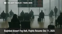 Baghdad airport fog closure leaves travelers checking the BGW departures board as delayed flights resume