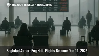 Baghdad airport fog closure leaves travelers checking the BGW departures board as delayed flights resume
