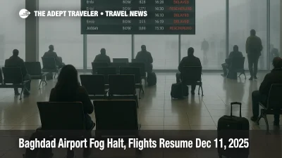 Baghdad airport fog closure leaves travelers checking the BGW departures board as delayed flights resume