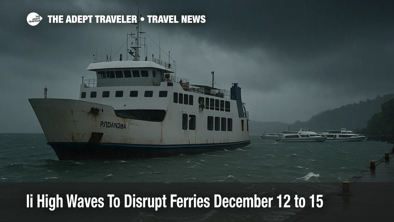 Bali high waves warning as ferries wait at Padang Bai port under dark skies and rough, choppy seas