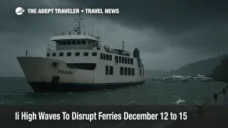 Bali high waves warning as ferries wait at Padang Bai port under dark skies and rough, choppy seas