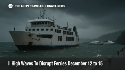Bali high waves warning as ferries wait at Padang Bai port under dark skies and rough, choppy seas