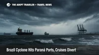 Container ships waiting off Paranaguá during Brazil cyclone winds, dark seas, port cranes, low clouds.