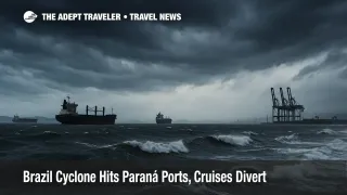 Container ships waiting off Paranaguá during Brazil cyclone winds, dark seas, port cranes, low clouds.