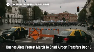 Buenos Aires protest march crowds Plaza de Mayo as roadblocks slow airport transfers to Aeroparque and Ezeiza