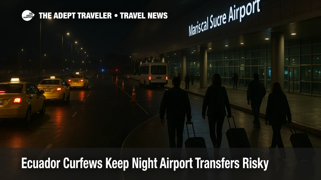 Ecuador curfew travel risk at Quito airport, late night taxi pickup slows near a security checkpoint and cones