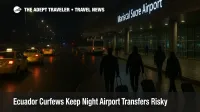 Ecuador curfew travel risk at Quito airport, late night taxi pickup slows near a security checkpoint and cones
