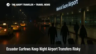 Ecuador curfew travel risk at Quito airport, late night taxi pickup slows near a security checkpoint and cones