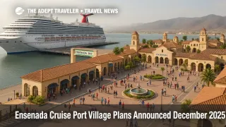 Cruise passengers walk along a new Ensenada cruise port village beside the terminal, with ships docked and plazas, shops, and fountains in view