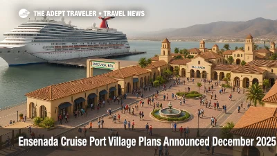 Cruise passengers walk along a new Ensenada cruise port village beside the terminal, with ships docked and plazas, shops, and fountains in view
