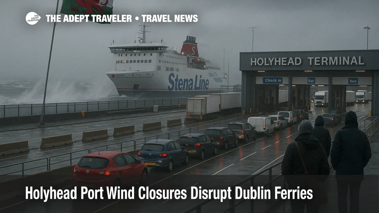 Holyhead port wind closures leave trucks queued at the ferry terminal, delaying Dublin crossings