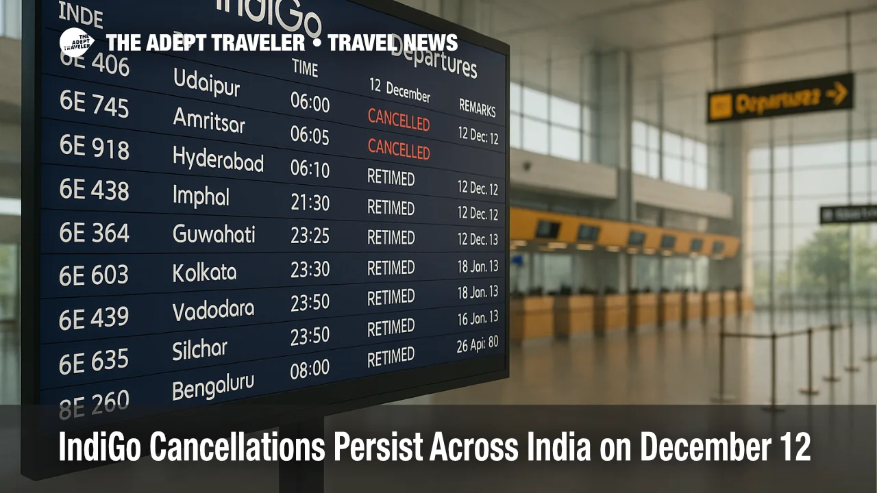 IndiGo flight cancellations India shown on a DEL departures board on December 12, 2025, with multiple retimed flights