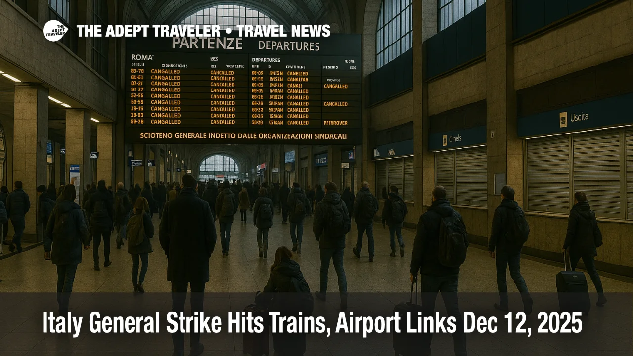Italy general strike trains leave travelers waiting at Roma Termini departures board on December 12