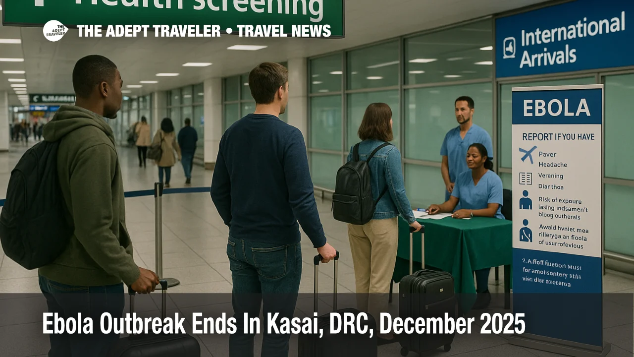 ALT text: Kasai Ebola outbreak over as travelers pass health screening at N'Djili International Airport in Kinshasa