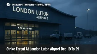 London Luton Airport strike risk, winter terminal scene highlighting check in queues and baggage disruption planning