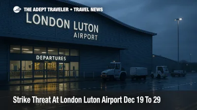 London Luton Airport strike risk, winter terminal scene highlighting check in queues and baggage disruption planning