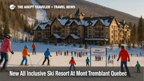 Skiers approach a chalet style hotel at the new Mont Tremblant all inclusive resort, with lifts and forested Laurentian slopes in the background.
