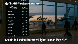Seattle London nonstop flights appear on SEA departures board beside a 787 at gate, previewing May 2026 launch